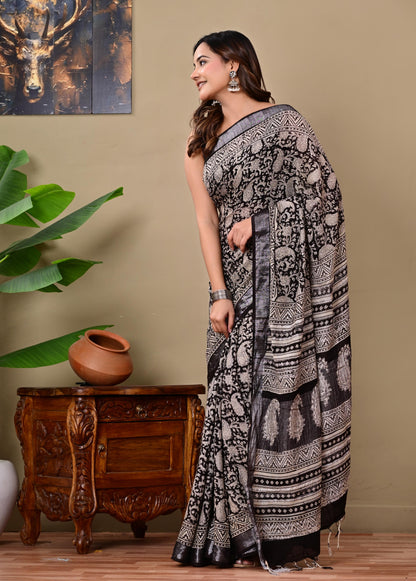 Block Printed Cotton linen Saree With Unstiched Blouse