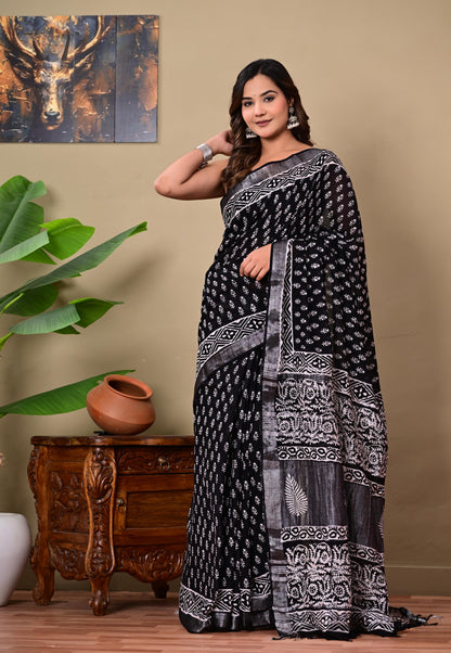 Block Printed Cotton linen Saree With Unstiched Blouse
