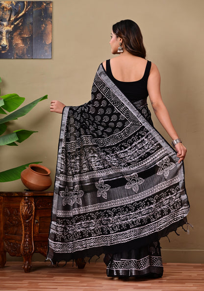 Block Printed Cotton linen Saree With Unstiched Blouse