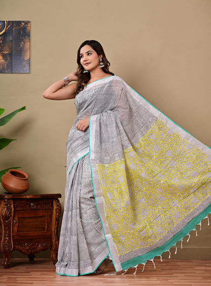 Block Printed Cotton linen Saree With Unstiched Blouse