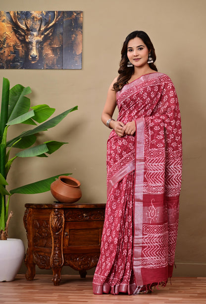 Block Printed Cotton linen Saree With Unstiched Blouse