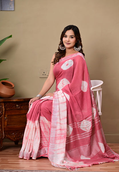 Block Printed Cotton linen Saree With Unstiched Blouse