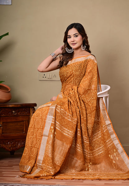 Block Printed Cotton linen Saree With Unstiched Blouse