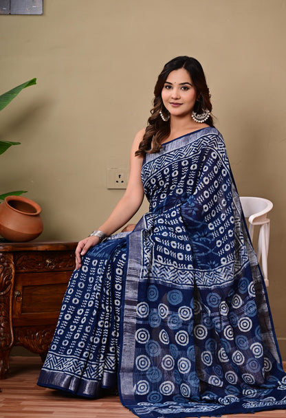 Block Printed Cotton linen Saree With Unstiched Blouse