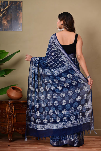 Block Printed Cotton linen Saree With Unstiched Blouse