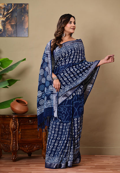 Block Printed Cotton linen Saree With Unstiched Blouse