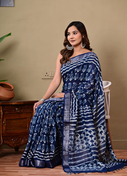 Block Printed Cotton linen Saree With Unstiched Blouse