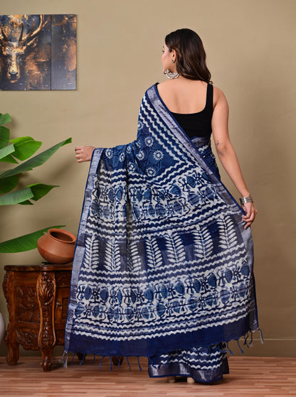 Block Printed Cotton linen Saree With Unstiched Blouse