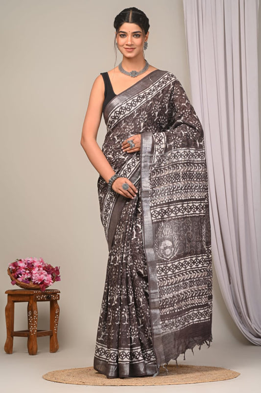 Dabu Hand Block Printed Saree In Linen Cotton With Blouse Piece