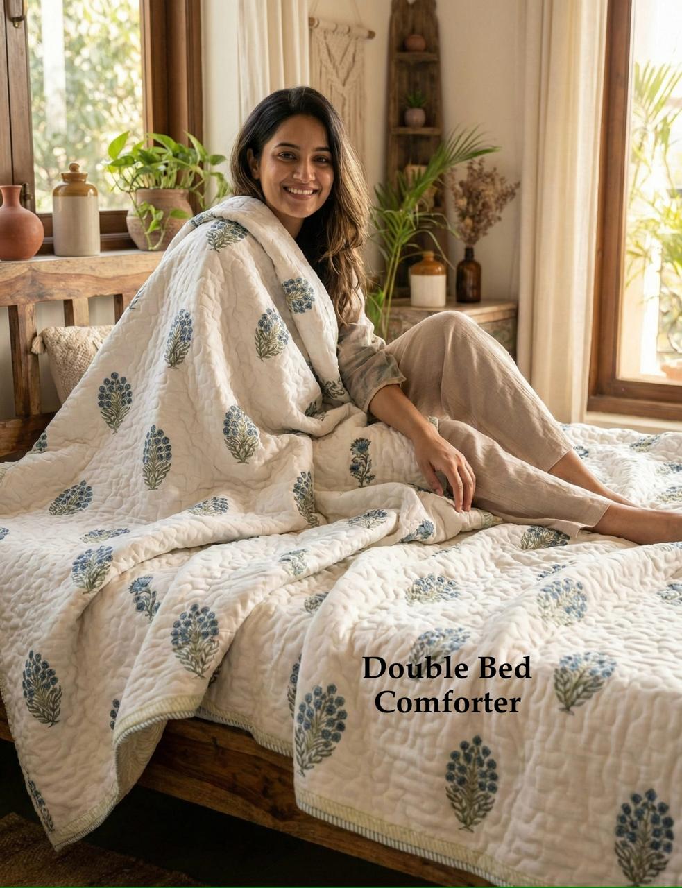 White Blue Print Floral Geometric Cotton Dohar