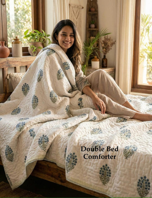 White Blue Print Floral Geometric Cotton Dohar
