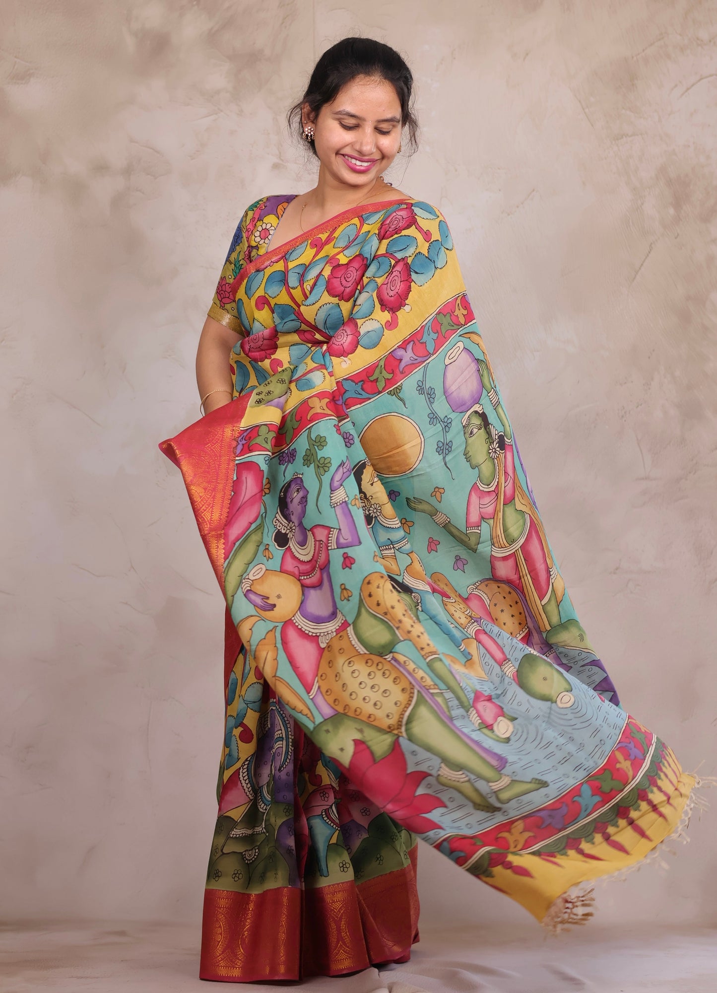 Hand Drawn Pen Kalamkari Yellow And Red's pink Bangalore Silk Kanchi Border Saree
