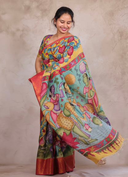Hand Drawn Pen Kalamkari Yellow And Red's pink Bangalore Silk Kanchi Border Saree