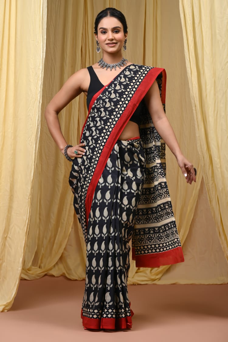 Premium Mul Cotton Hand Block Printed Saree With Blouse Piece