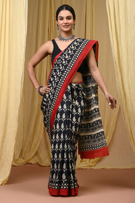 Premium Mul Cotton Hand Block Printed Saree With Blouse Piece