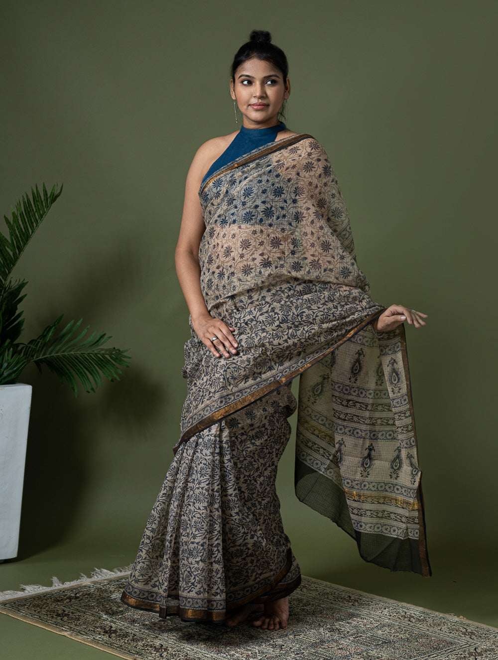 Exclusive Kota Chanderi. Bagru Hand Block Printed Saree - Beige Jaal