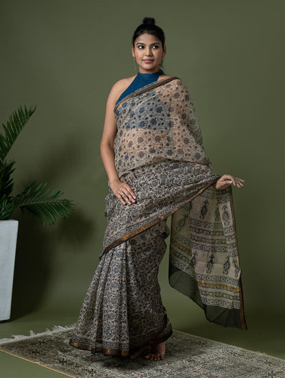 Exclusive Kota Chanderi. Bagru Hand Block Printed Saree - Beige Jaal
