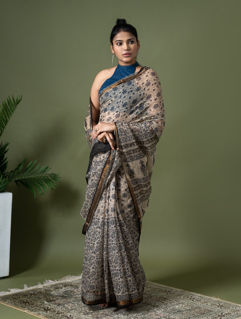 Exclusive Kota Chanderi. Bagru Hand Block Printed Saree - Beige Jaal