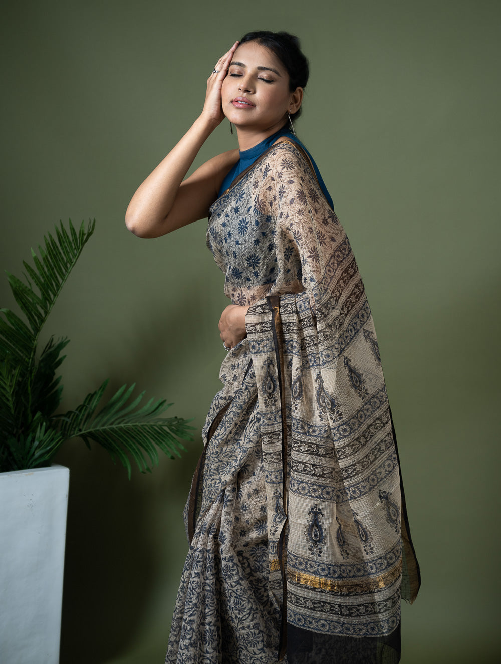 Exclusive Kota Chanderi. Bagru Hand Block Printed Saree - Beige Jaal