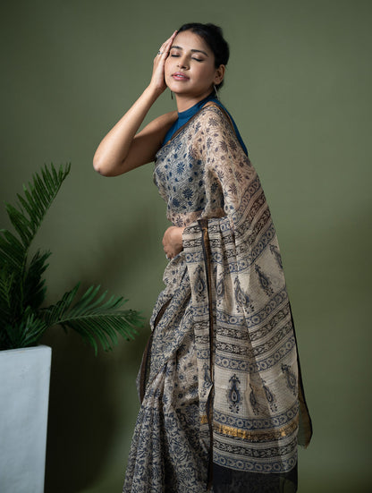 Exclusive Kota Chanderi. Bagru Hand Block Printed Saree - Beige Jaal