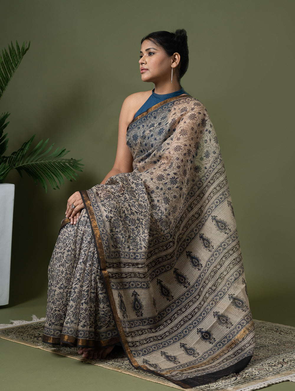 Exclusive Kota Chanderi. Bagru Hand Block Printed Saree - Beige Jaal