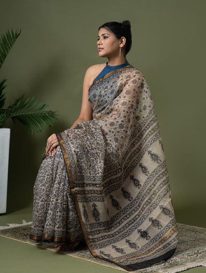 Exclusive Kota Chanderi. Bagru Hand Block Printed Saree - Beige Jaal