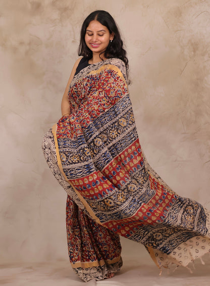 Red Hand Block Printed Kalamkari Chennur Silk Saree