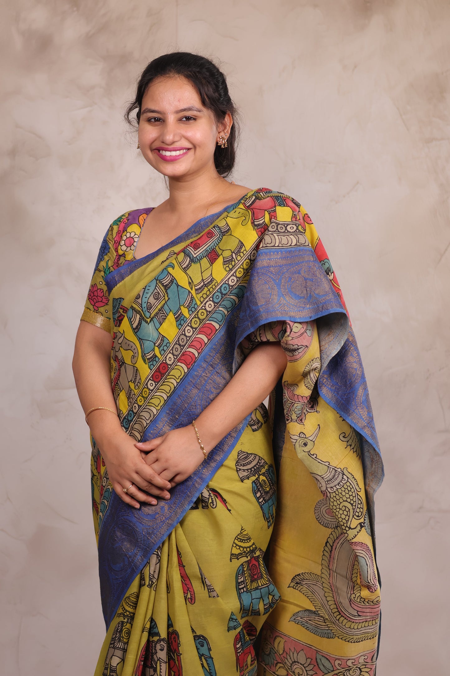 Hand Drawn Pen Kalamkari Parrot Green And Blue Bangalore Silk Kanchi Border Saree