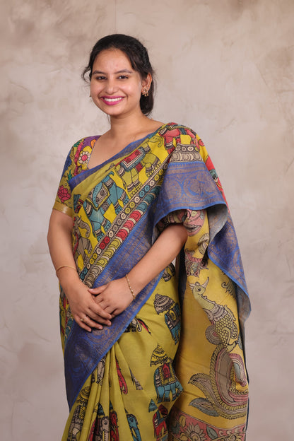 Hand Drawn Pen Kalamkari Parrot Green And Blue Bangalore Silk Kanchi Border Saree