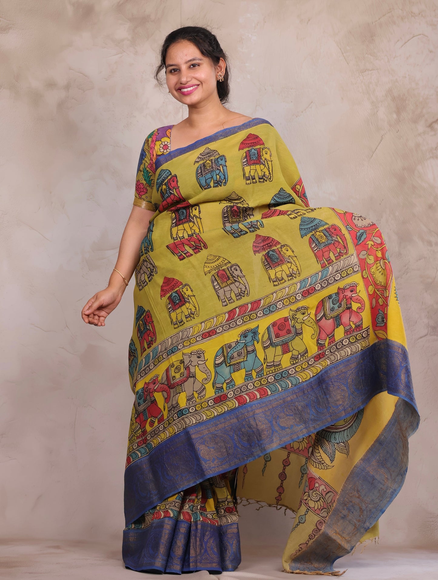 Hand Drawn Pen Kalamkari Parrot Green And Blue Bangalore Silk Kanchi Border Saree