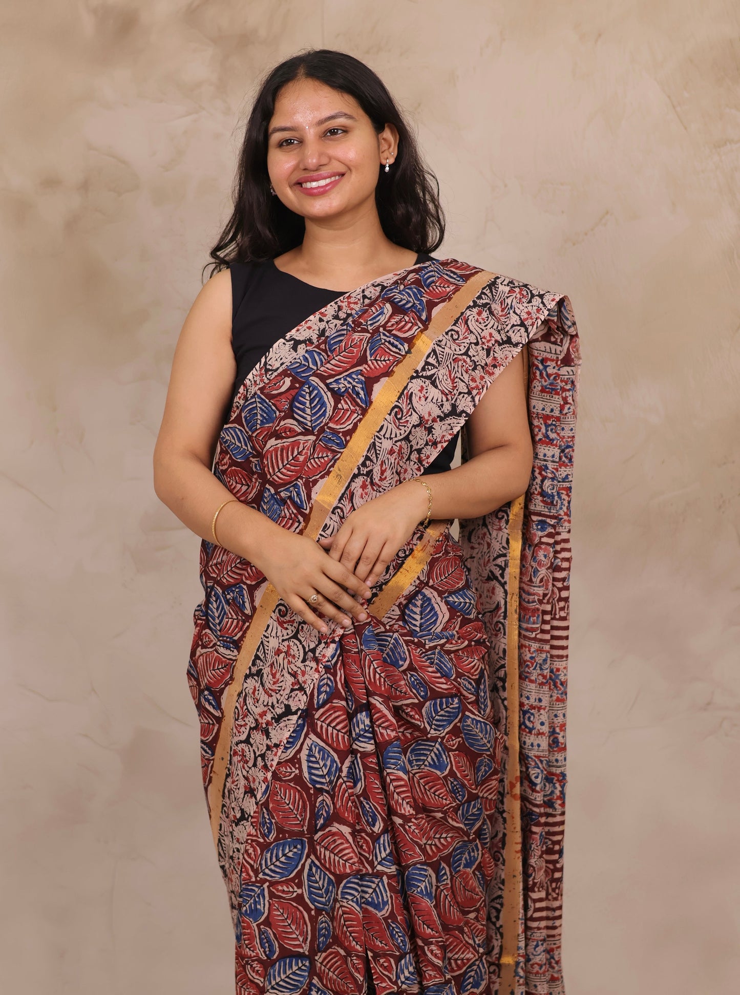 Red Hand Block Printed Kalamkari Chennur Silk Saree