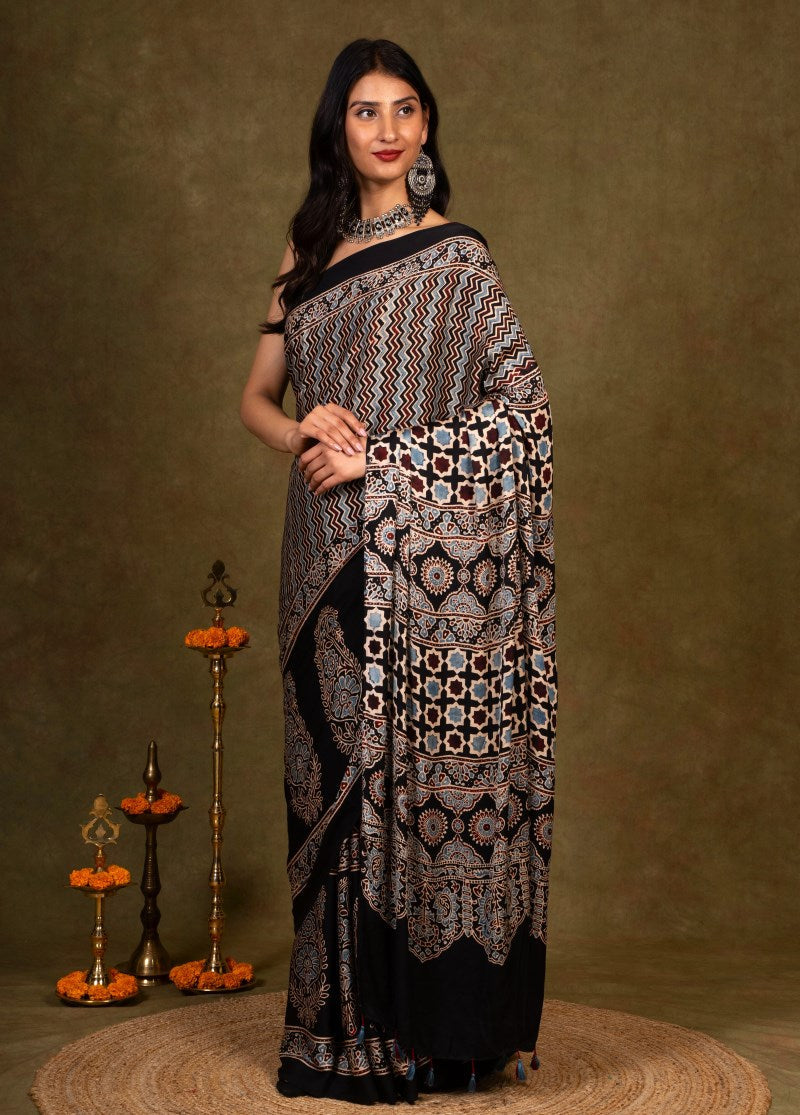 Black Chevron By Paisley Ajrakh Modal Silk Saree