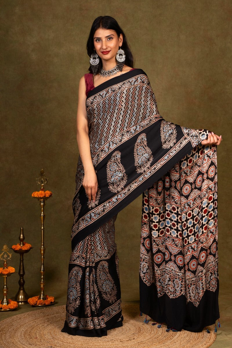 Black Chevron By Paisley Ajrakh Modal Silk Saree