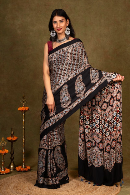 Black Chevron By Paisley Ajrakh Modal Silk Saree