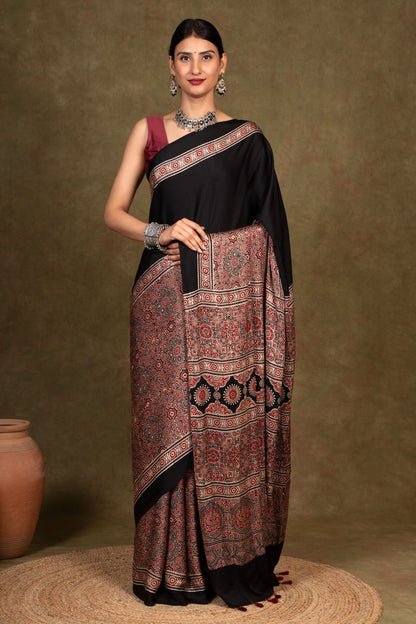 Black Earthy Jaal Ajrakh Modal Silk Saree