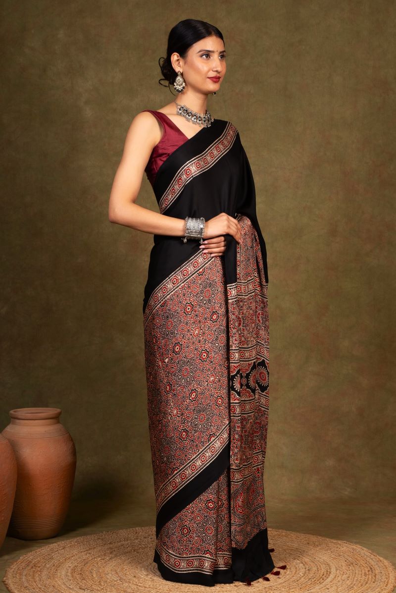 Black Earthy Jaal Ajrakh Modal Silk Saree