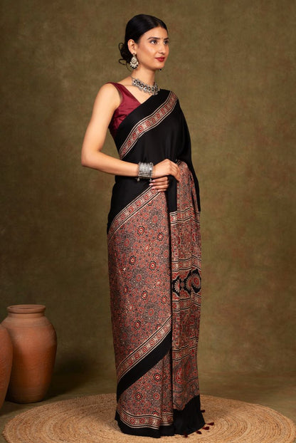 Black Earthy Jaal Ajrakh Modal Silk Saree