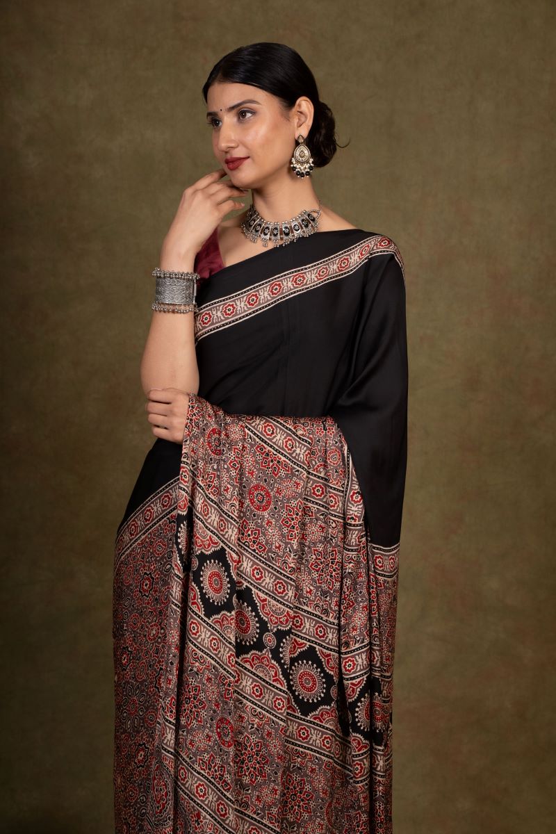 Black Earthy Jaal Ajrakh Modal Silk Saree