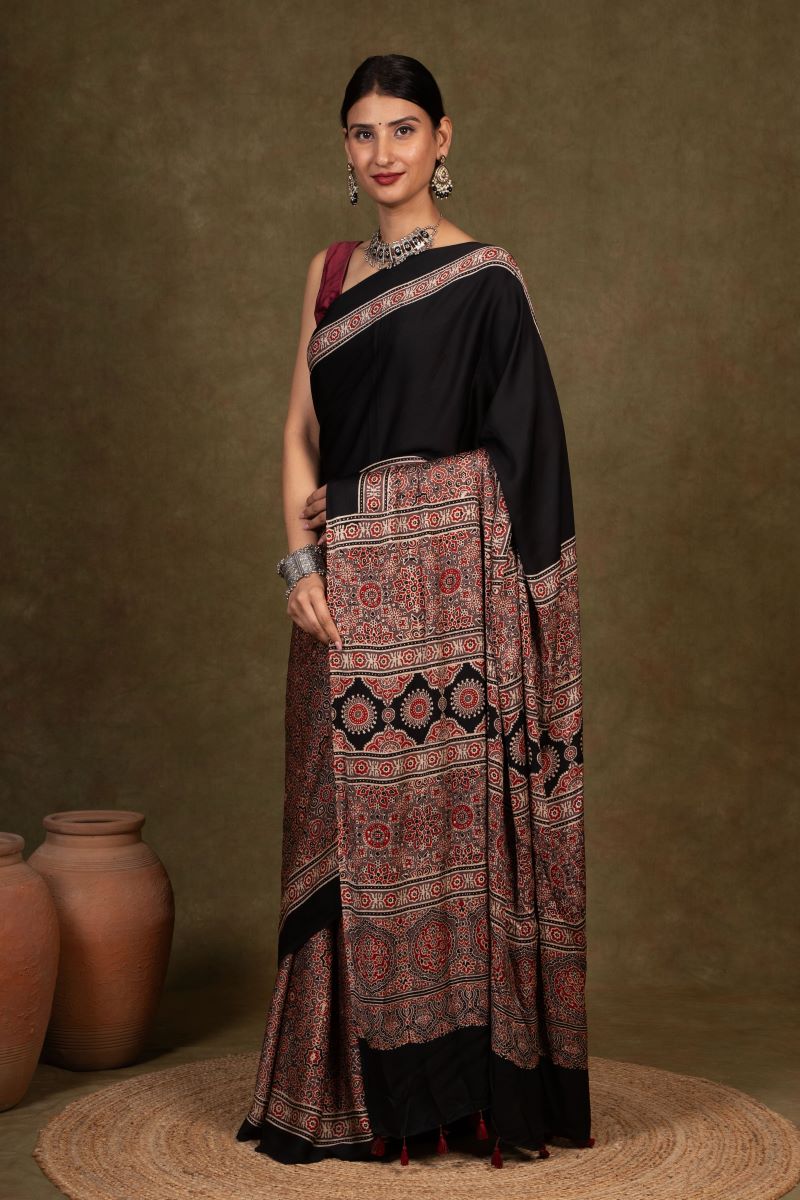 Black Earthy Jaal Ajrakh Modal Silk Saree