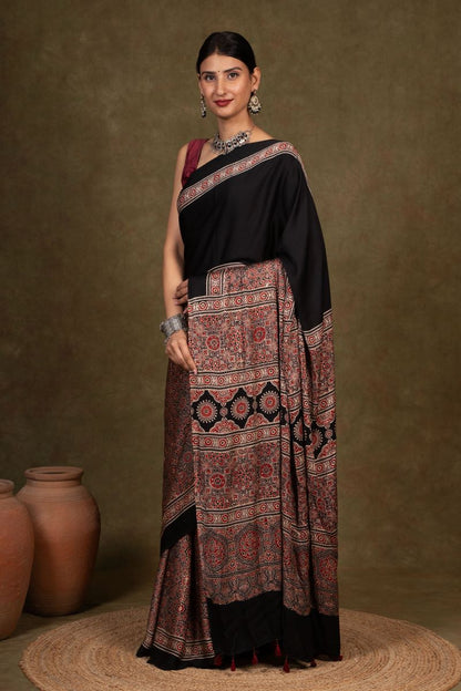 Black Earthy Jaal Ajrakh Modal Silk Saree