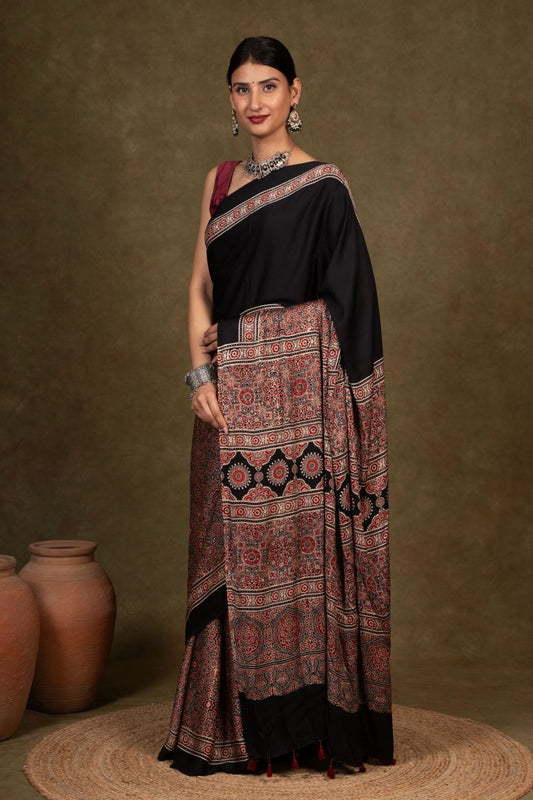Black Earthy Jaal Ajrakh Modal Silk Saree