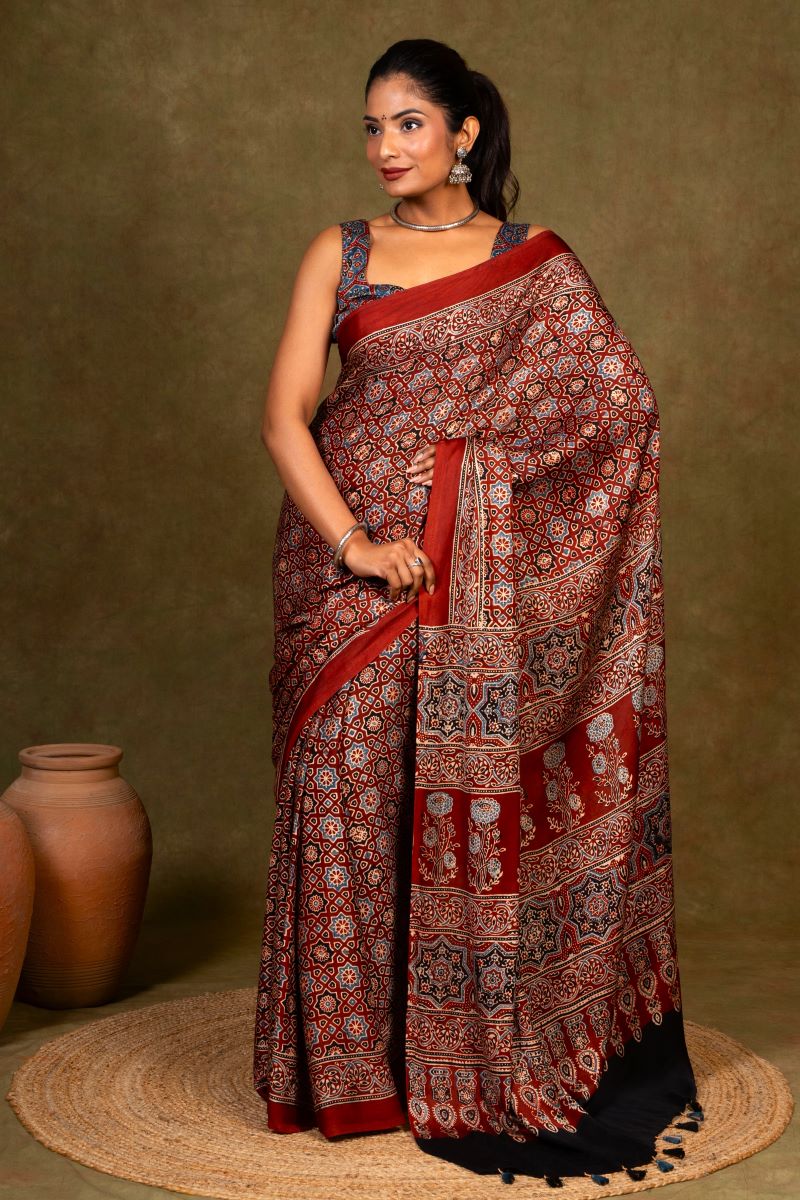 Maroon Starry Minkundi Ajrakh Modal Silk Saree