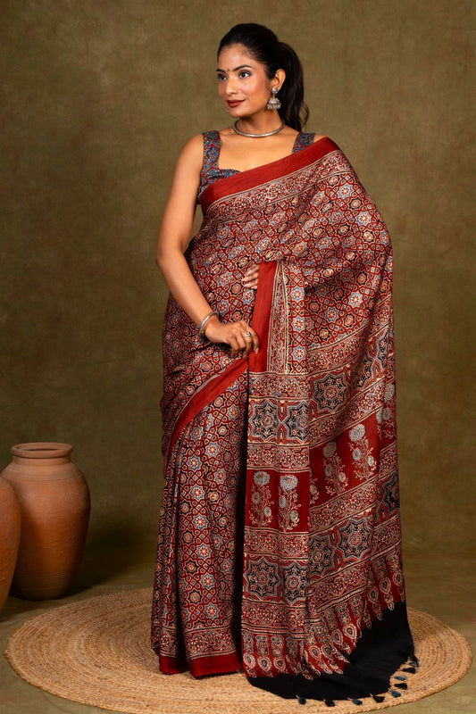 Maroon Starry Minkundi Ajrakh Modal Silk Saree