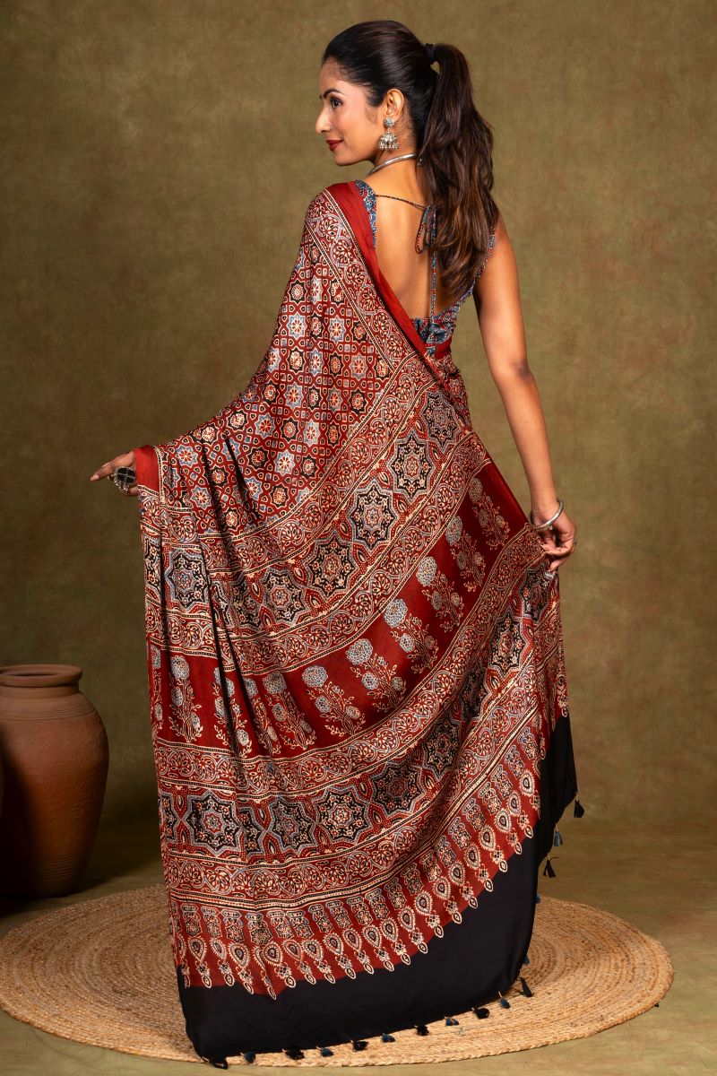 Maroon Starry Minkundi Ajrakh Modal Silk Saree
