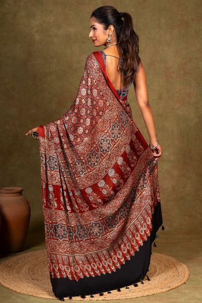 Maroon Starry Minkundi Ajrakh Modal Silk Saree