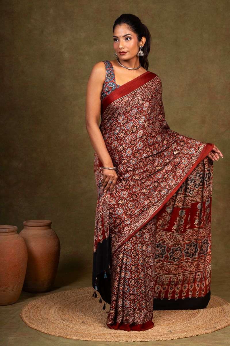 Maroon Starry Minkundi Ajrakh Modal Silk Saree