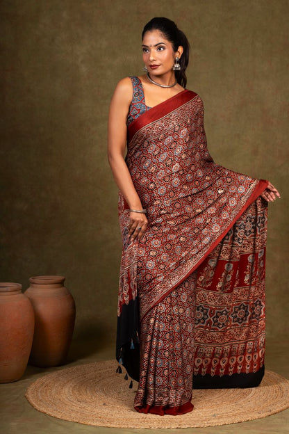Maroon Starry Minkundi Ajrakh Modal Silk Saree