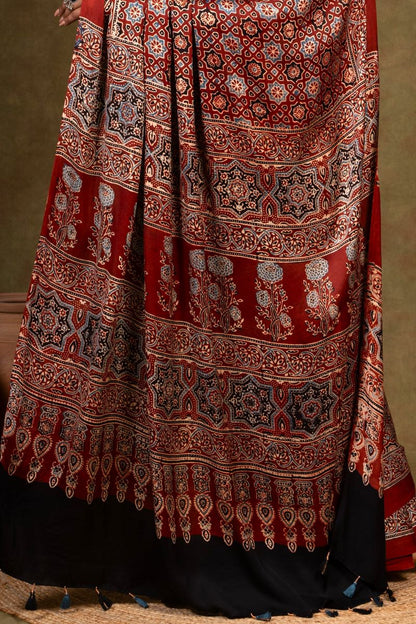 Maroon Starry Minkundi Ajrakh Modal Silk Saree
