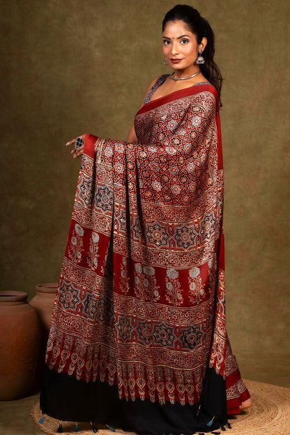 Maroon Starry Minkundi Ajrakh Modal Silk Saree
