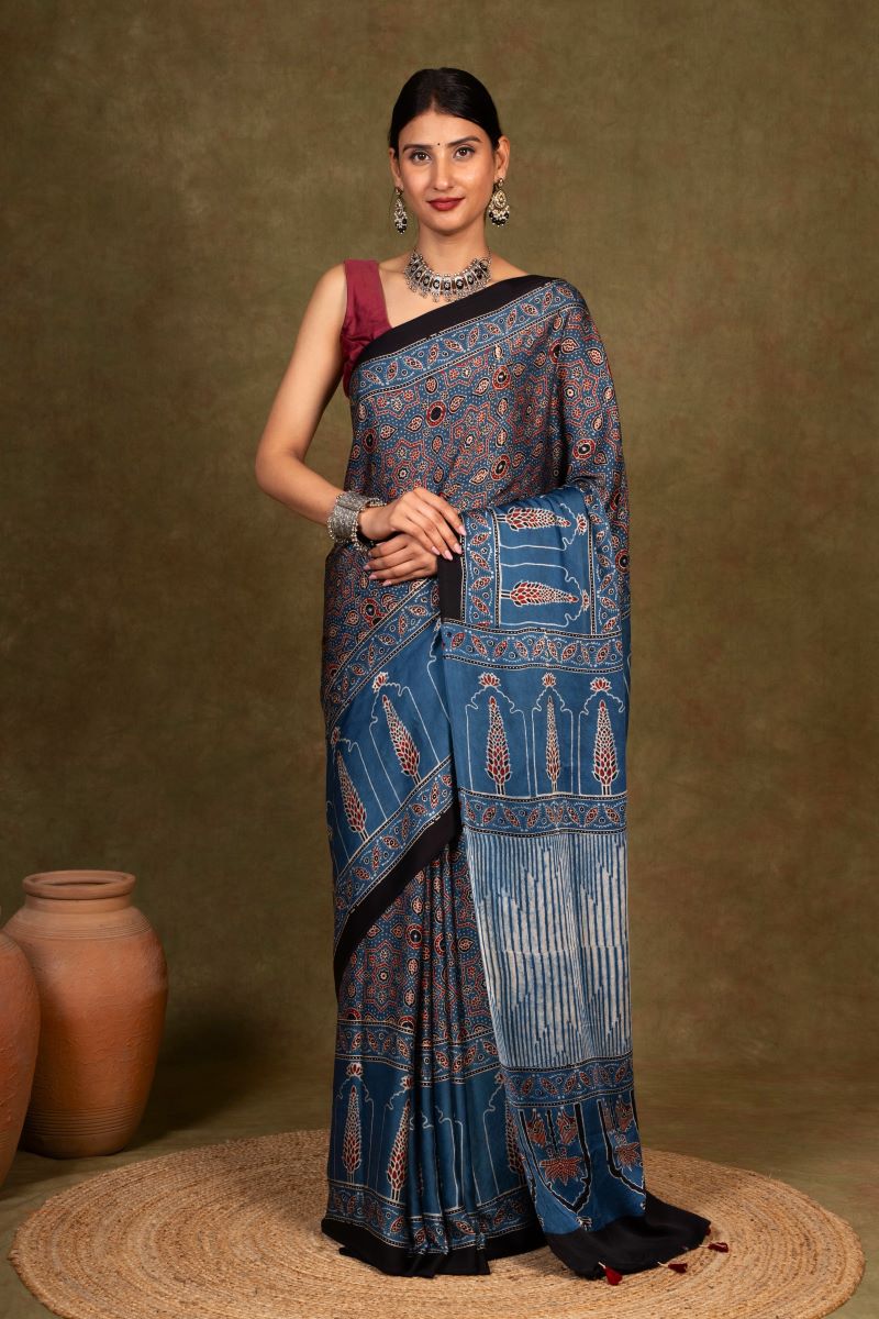 Indigo Pine Ajrakh Modal Silk Saree